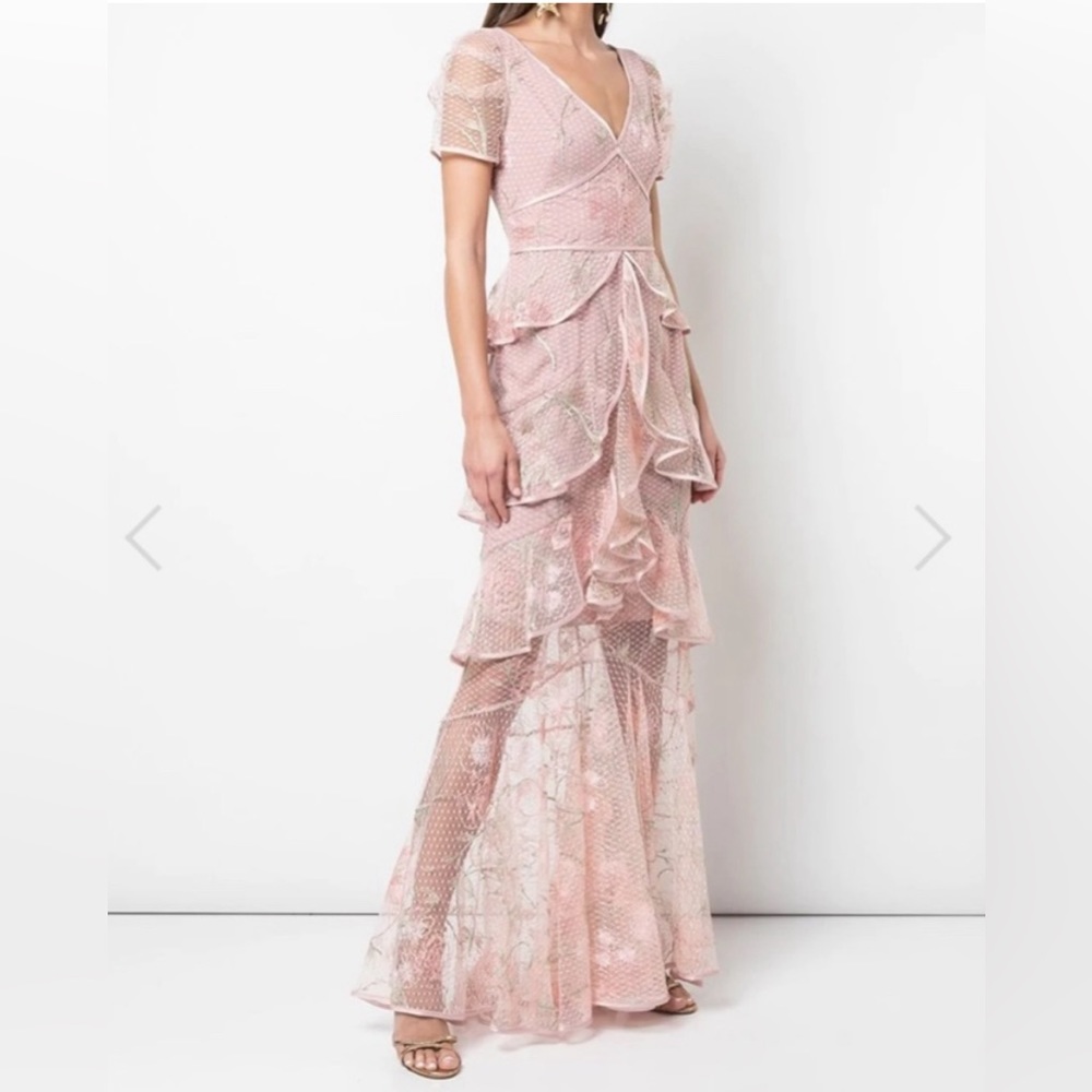 Marchesa Notte Tiered Ruffle Floral Lace Gown